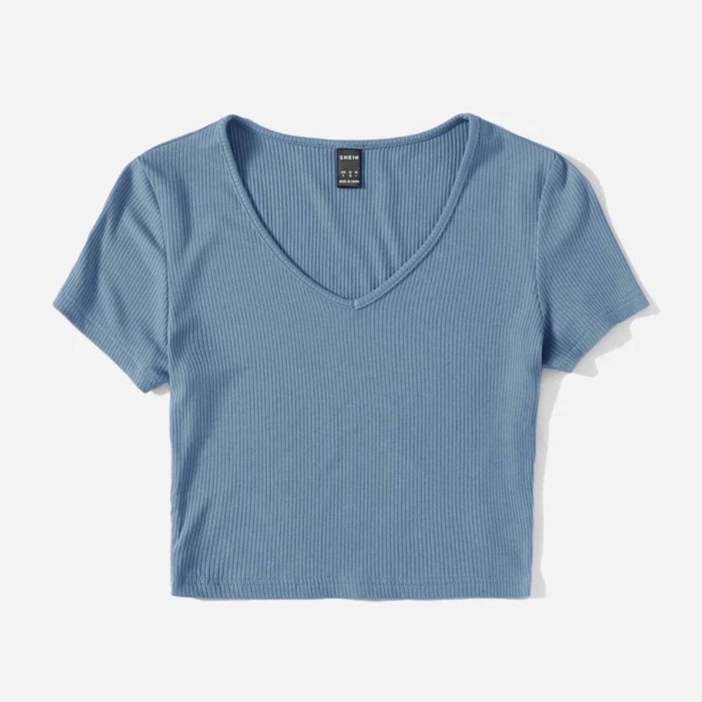 V Neck Rib-knit Tee | Blue